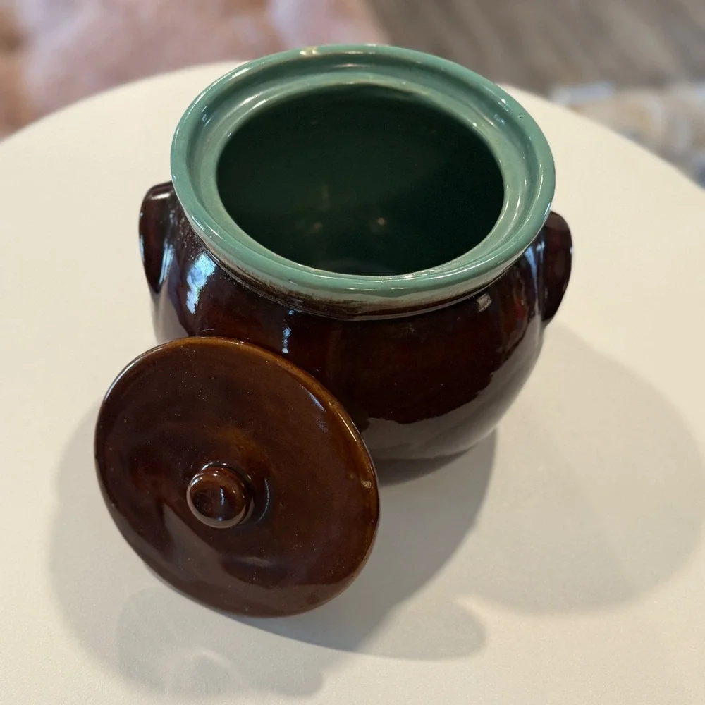 Vintage Ceramic Crock‎ Bean Pot Jar Brown Turquoise Lid Hull Pottery ****Lid****